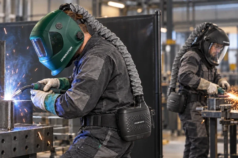 Vorne schweißt ein Arbeiter mit grünem Migatronic Operator und PAPR; dahinter schleift ein zweiter Arbeiter mit GS500-Visier und eigenem PAPR an einem getrennten Arbeitsplatz