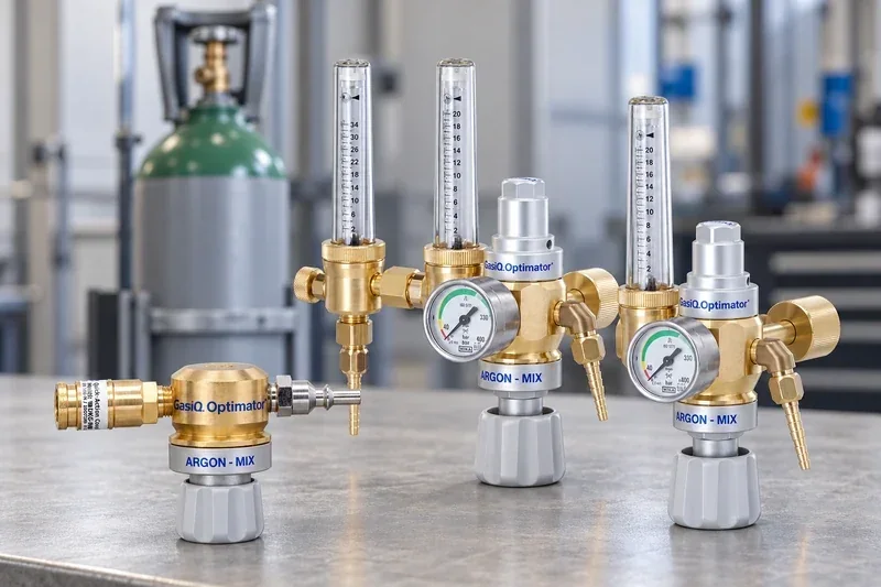 Drei GasiQ Optimator-Ausführungen vor einer unscharfen Argonflasche in der Werkstatt