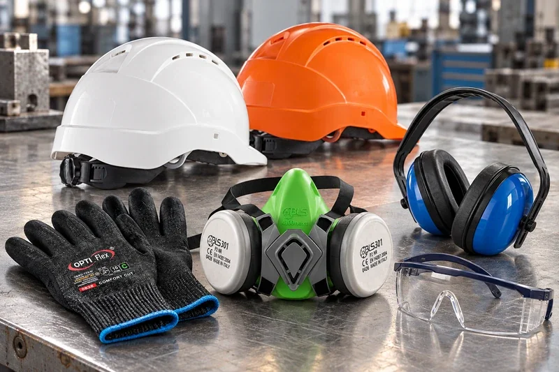 KI-Produktvisualisierung nach Feldtmann-Vorlagen: weiße und orange Schutzhelme, schwarze Handschuhe, Halbmaske mit zwei Filtern, klare Schutzbrille und blauer Kapselgehörschutz auf einer Werkbank