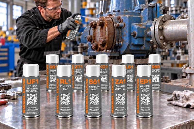 KI-Produktvisualisierung: zehn SIEBEL.-Sprays mit weißen Deckeln im Vordergrund; dahinter wartet ein Mechaniker eine große Industrieanlage mit RL1-Rostlöser